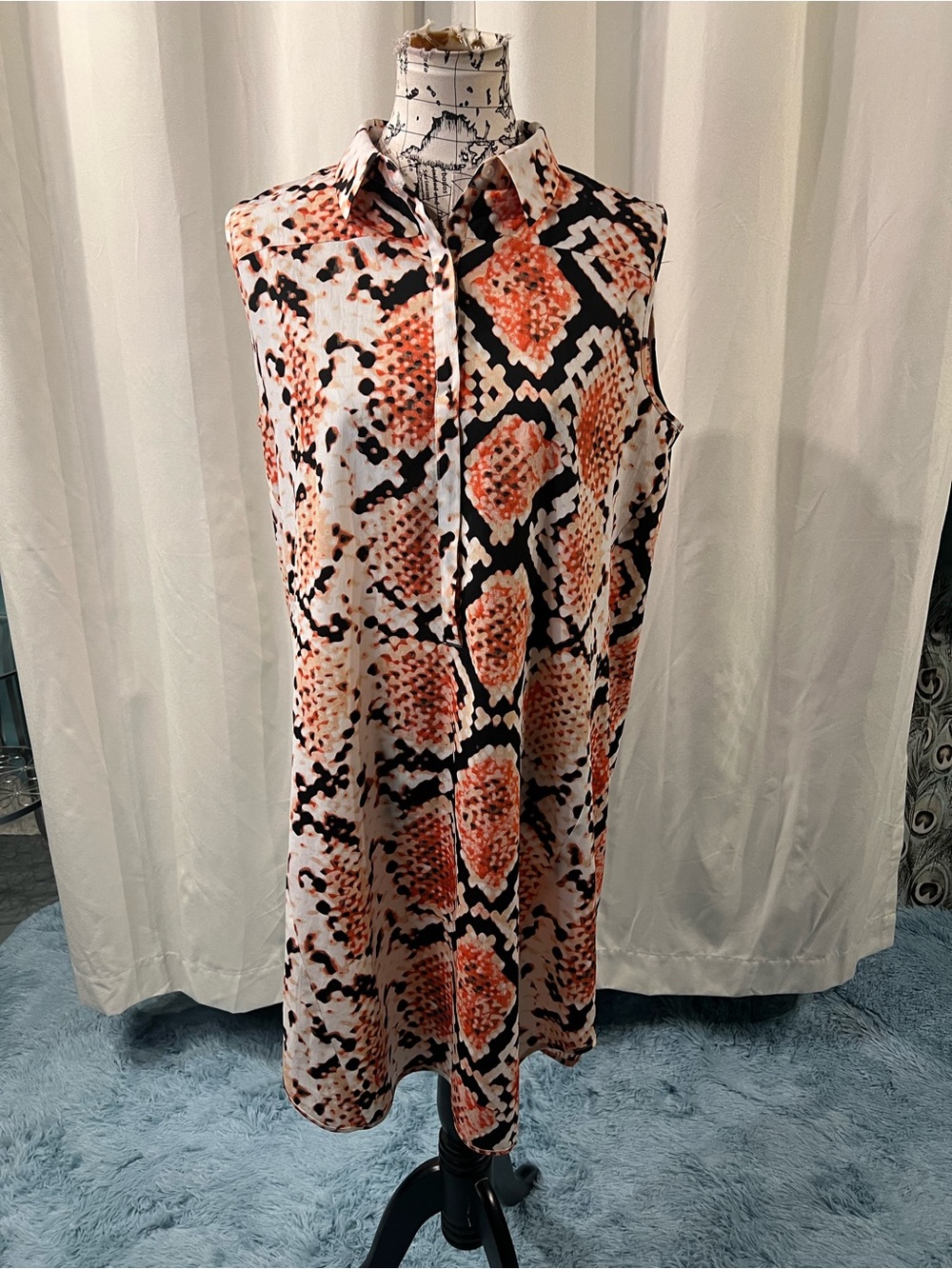 DKNYC Cream, Orange and Black Sleeveless Snake-Print Midi Dress